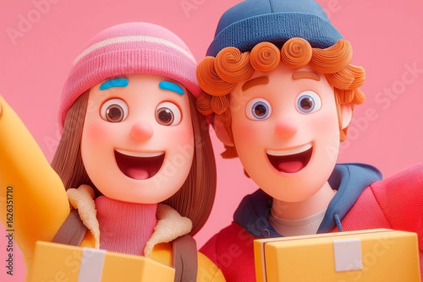 Fototapeta 3D Cartoon Kids in Winter Outfits Delivering a Package with Smiles