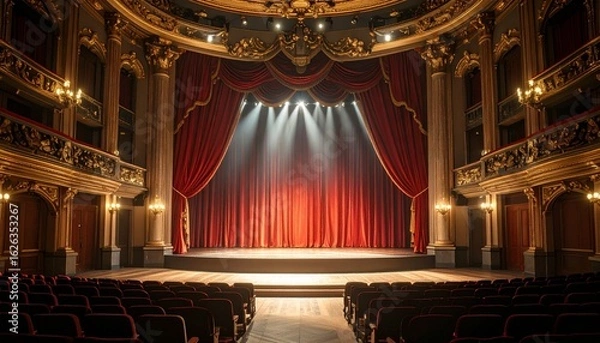 Obraz 赤色のカーテンと舞台・劇場ステージ　スポットライトが照らす