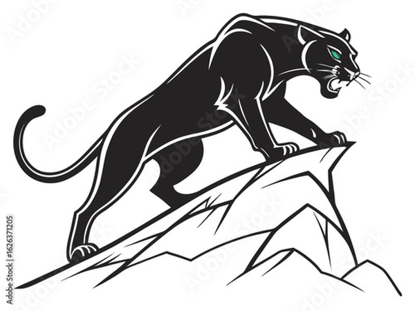 Fototapeta Powerful black panther silhouette, poised and ready. A bold, stylized silhouette of a black panther, standing alert on a stylized hilltop. 