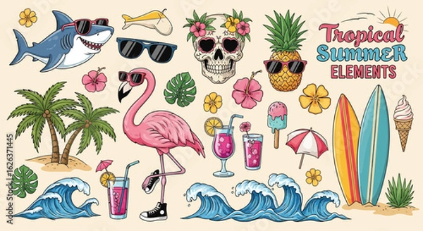 Fototapeta Vector Colorful Tropical Summer SVG Illustration with Flamingo Surfboards and Summer Elements in Flat Design Style