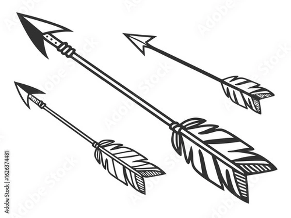Fototapeta Vintage-style illustration of three stylized arrows in flight. A graphic design featuring three stylized, feathered arrows, in a vintage or retro line art style, against a plain white background. 