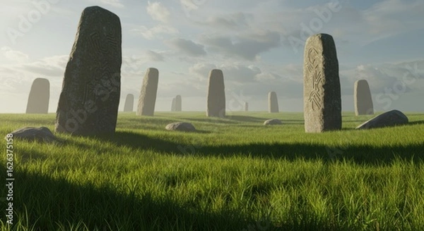 Obraz Mysterious Ancient Standing Stones with Runes in a Vast Green Field under Hazy Sky