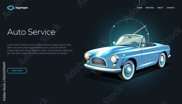 Fototapeta Car Repair Service, Auto Diagnostics Center, Automobile Maintenance Station Vector Web Banner, Landing Page Template.