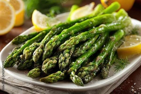 Fototapeta Cooked green asparagus with lemon wedges sits on a white plate. Use this food image to show a healthy veggie side dish.