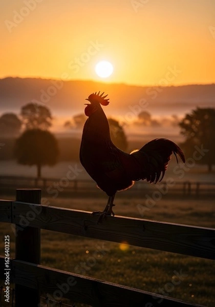 Fototapeta A rooster's silhouette is cast against a foggy, ethereal sunrise, its morning call heralding the arrival of a beautiful new day.