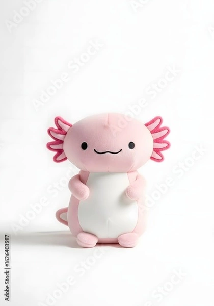 Fototapeta A minimalist and cute pink axolotl plushie with a gentle smile and black eyes. #plushie #axolotl #minimalist