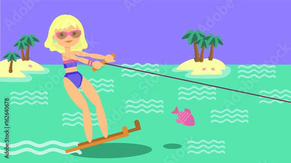 Obraz Young woman in swimsuit and sunglasses on water ski. Flat style. Layered illustration. Can be used for motion design or another design project.