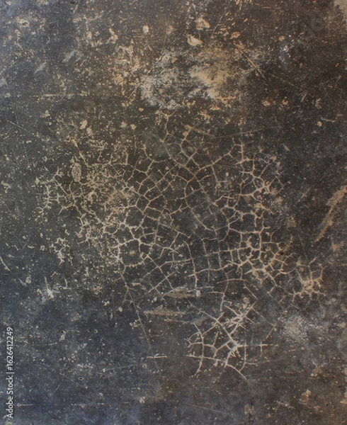 Obraz Cracked Dark Surface. Close-up of a dark cracked surface with fine web-like lines, evoking an aged or weathered appearance.
คีย์เวิร์ด: crack