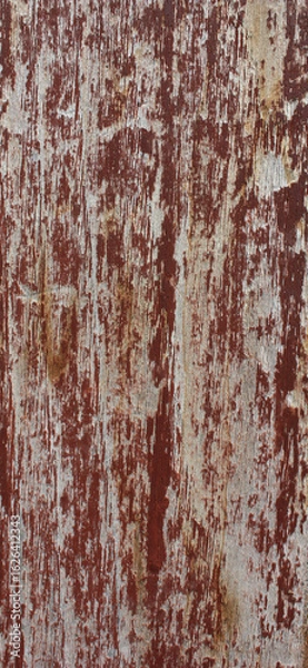 Obraz Cracked Red Painted Wood. Close-up of red painted wood with large cracks and weathered paint, showing deep texture and age.