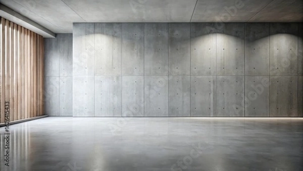 Fototapeta Empty Modern Room with Concrete Wall and Wooden Accents Featuring Polished Floor and Subtle Lighting