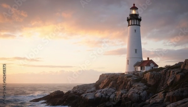 Fototapeta Lighthouse stands tall on rocky cliff. White structure topped with red roof, ocean waves below. Rugged cliff, sunset sky with orange blue hues, calm sea