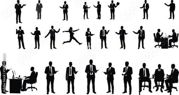 Fototapeta Silhouettes of business professionals in various office poses, communication, teamwork, presentation, working at desks, corporate interaction scene