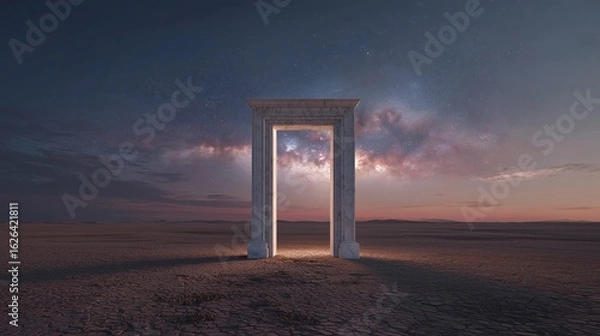Fototapeta Glowing Ornate Doorway in a Desert at Twilight with Cosmic View