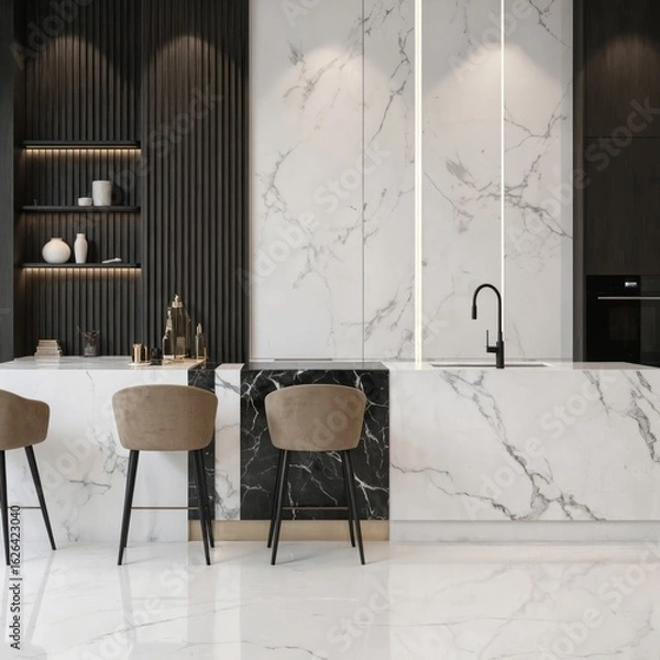 Fototapeta Modern kitchen with monochrome color scheme, marble countertop hosting sink, barstools. White vases, wine bottle on countertop. Black, white tiles on floor, striped wallpaper. Large window allows