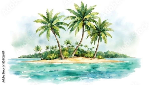 Fototapeta Serene tropical island scene with green palm trees on small island. Turquoise water surrounds island, connected by small archway. Isolated island with three palm trees - two tall, one shorter - with