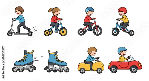 Fototapeta Children enjoying various modes of transportation, including scooters, bikes, skates, and cars.
