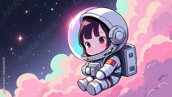 Fototapeta Cute Astronaut Girl in Space with Pink Clouds