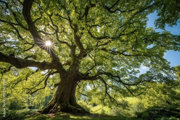 Fototapeta Sunlight streams through the wide canopy of a majestic, old tree in a lush, green landscape under a clear blue sky