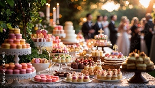 Fototapeta A stunning dessert table at an outdoor wedding reception, laden with delicious treats.