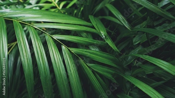 Fototapeta Palm leaves form an intricate pattern against a tropical rainforest background, with lush greenery creating a vibrant, exotic scene that evokes the serene beauty of dense jungle foliage.