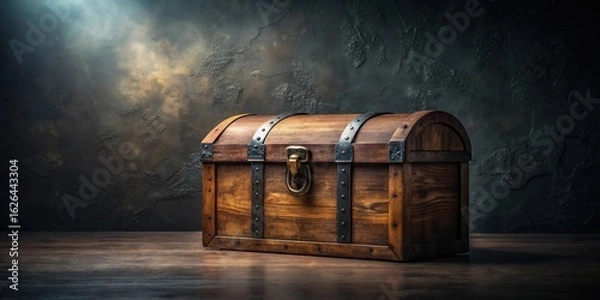 Fototapeta A weathered wooden chest with iron bands, sitting on a dark wooden surface against a textured backdrop, hinting at untold stories and hidden treasures.