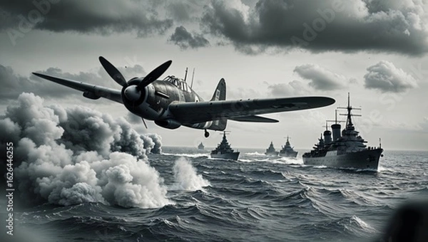 Fototapeta A historic aerial battle scene with an airplane and a fleet of warships at sea.