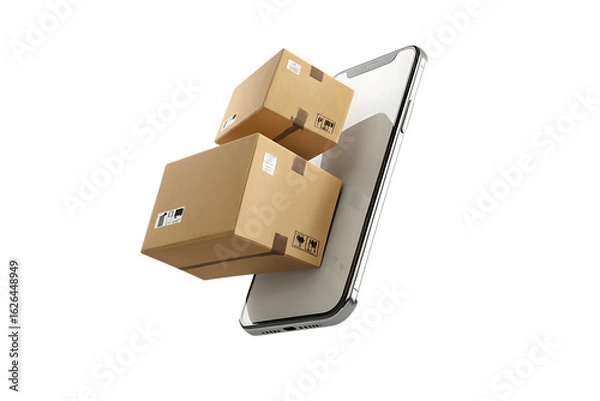 Fototapeta Cardboard boxes on smartphone screen. E commerce, online shopping, delivery concept.