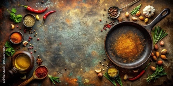 Fototapeta Aromatic Culinary Scene Rustic Pan Surrounded by an Array of Spices, Herbs, and Ingredients Ready for Cooking
