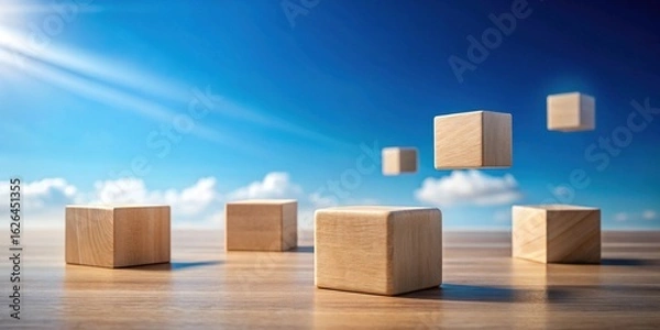 Fototapeta Wooden Cubes Floating and Resting on a Tabletop Against a Sunny Sky Background