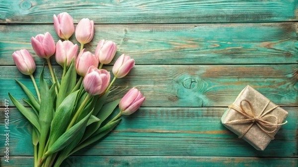 Fototapeta A delightful bouquet of pink tulips and a small, gold-wrapped gift rest on a rustic teal wooden surface, creating a charming and elegant composition.