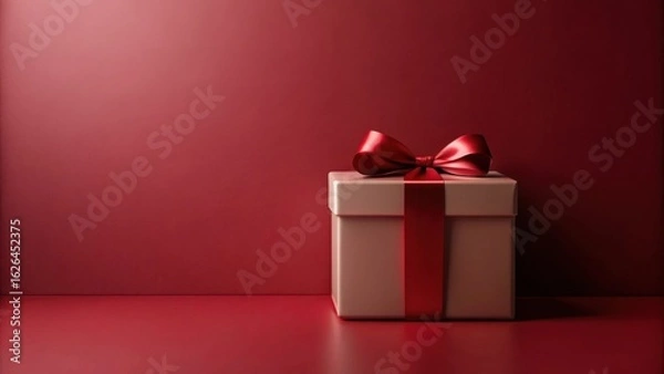 Fototapeta A Luxurious Gift Box with a Crimson Ribbon on a Deep Red Background, Perfect for Holiday or Special Occasion Presentations