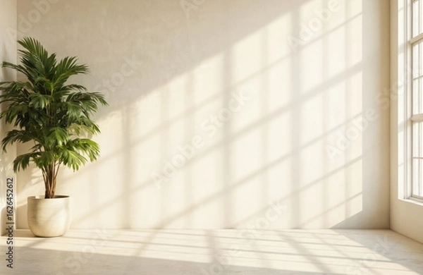 Fototapeta Serene indoor setting with beige wall, large window. Green plant in white pot, small table in front, gray surface. Soft sunlight streaming through curtain. Minimalist decor, calming atmosphere,