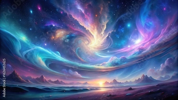 Fototapeta A Serene Dreamscape Celestial Swirls Over a Tranquil Coastal Mountain Range at Sunset