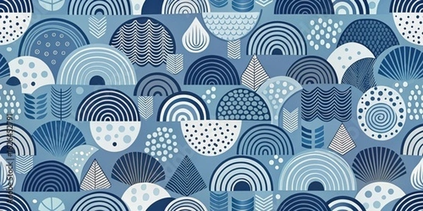 Fototapeta Serene Blue Abstract Shapes A Seamless Pattern of Modern Geometric Designs Featuring Arcs, Circles, and Organic Forms in a Calming Color Palette
