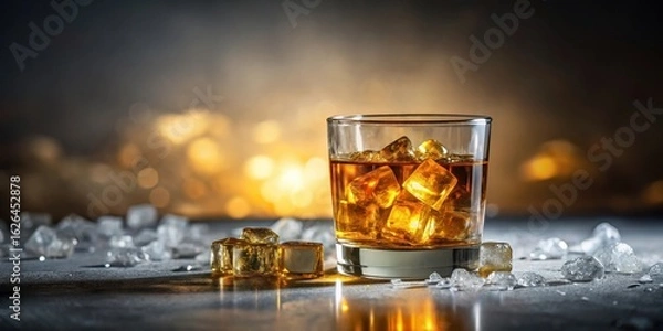 Fototapeta Golden amber beverage in rocks glass with ice cubes on a dark surface