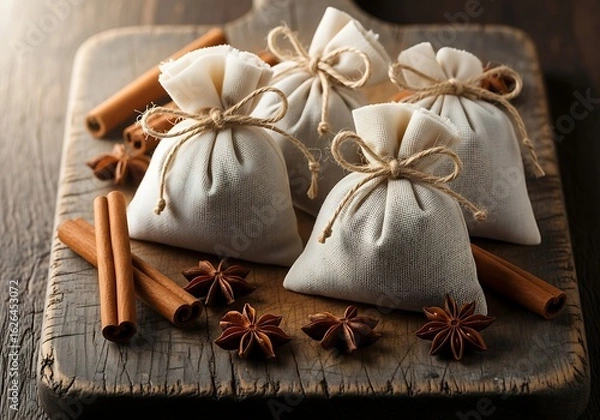 Fototapeta Vintage-style spice sachets wrapped in muslin cloth with twine, placed on aged wooden cutting board with cinnamon sticks and star anise.