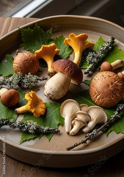 Fototapeta Assorted wild mushrooms arranged on a decorative plate with autumn leaves and sprigs.