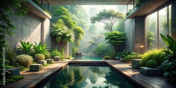 Fototapeta Serene Indoor Pool Oasis A Tranquil Escape Within Lush Greenery and Modern Architecture
