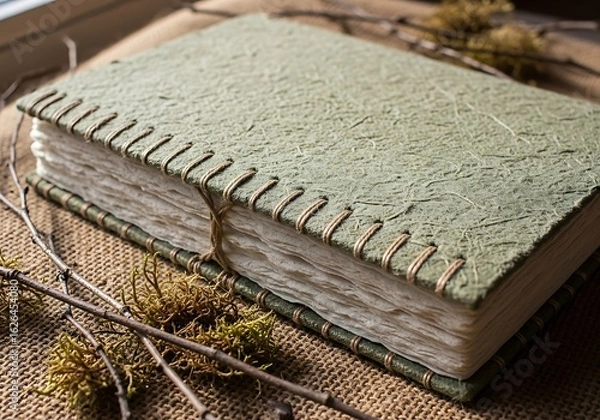 Fototapeta A close-up shot of a handmade journal with textured green cover.