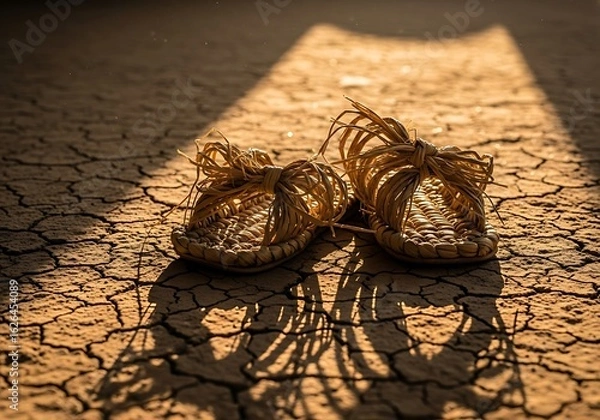 Fototapeta Pair of handmade straw sandals resting on cracked, dry earth under a beam of sunlight.
