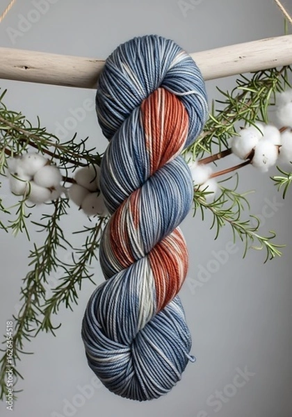 Fototapeta A ball of colorful hand-dyed yarn, displayed against a backdrop of natural elements.