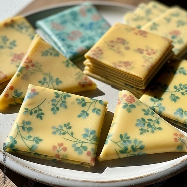 Fototapeta Close-up of handmade beeswax wraps with subtle floral prints, folded neatly on ceramic dish, natural light falling from side.