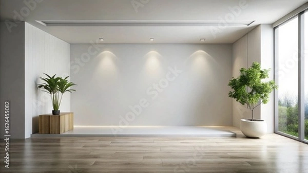 Fototapeta Serene Minimalist Interior Design Featuring a Light-Filled Room with Wooden Flooring, Plants, and a Low Platform