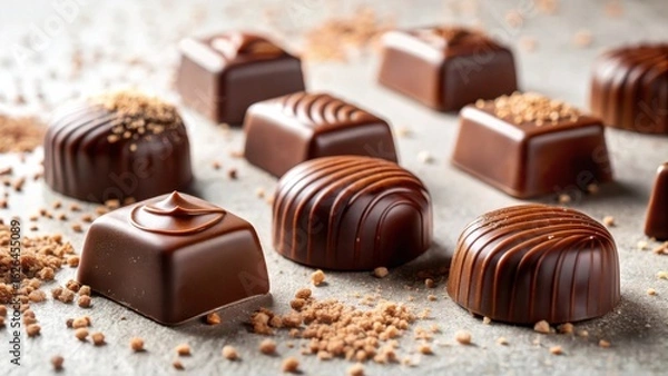 Fototapeta An assortment of decadent dark chocolate bonbons, elegantly arranged on a neutral surface, adorned with cocoa nibs.