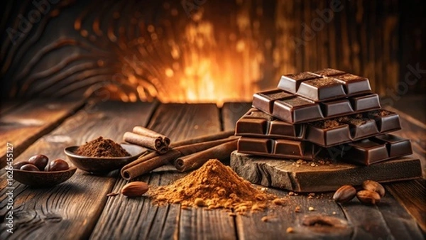 Fototapeta Dark Chocolate Bars Stacked with Cinnamon and Cocoa Powder on Rustic Wooden Table
