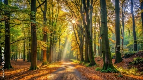 Fototapeta Golden Sunlight Illuminates Path Through Autumnal Woodland, Casting Rays Through Majestic Trees