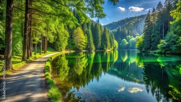 Fototapeta Serene Lakeside Path Winding Through Lush Green Forest Reflecting in Calm Waters