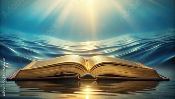 Fototapeta Open Book on Water's Surface, Illuminated by Divine Light, Symbol of Knowledge and Faith