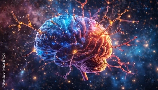Fototapeta a vibrant, digitally rendered brain glows with blue and red hues amidst a cosmic, star-filled nebula, representing the complexity and energy of neurological processes.