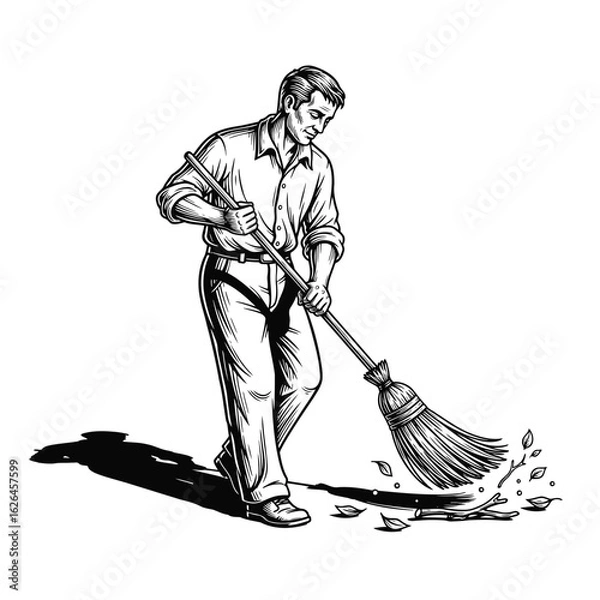 Obraz A classic black and white illustration of a man diligently sweeping fallen leaves from the ground, representing a sense of duty.